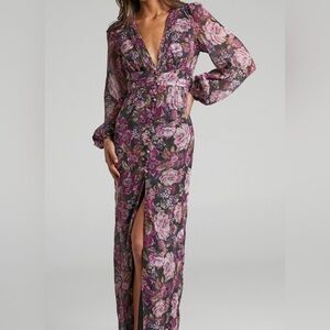 SHOWPO LORELEI MIDI DRESS - V NECK BALLOON LONG SLEEVE, HARVEST FLORAL, NWT, US8